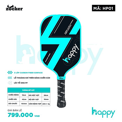 Vợt Pickleball Zocker Happy HP1 Standard Thunder Black - Xanh Đen