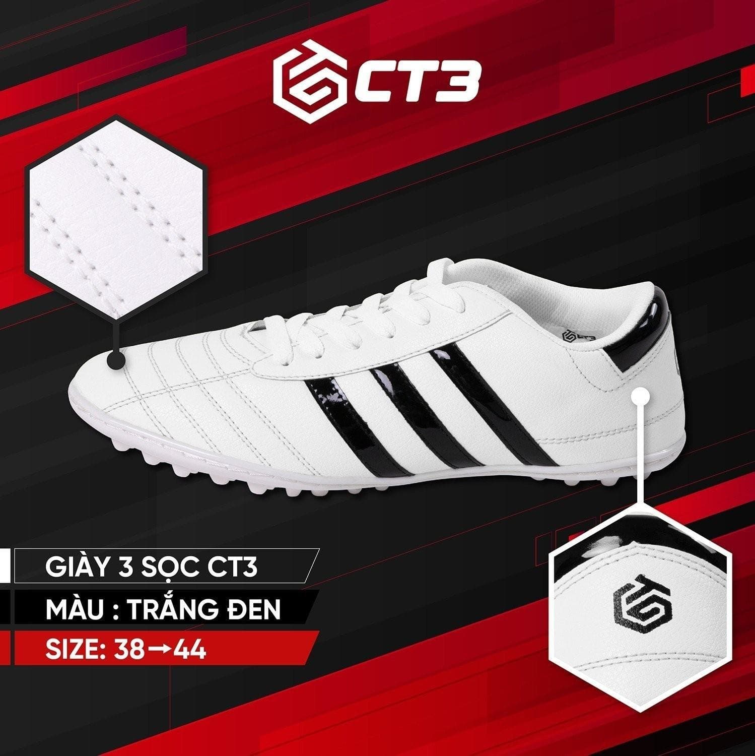 Giày Bóng Đá 3 Sọc CT3 - Trắng 3 Sọc Đen