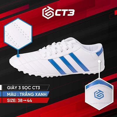Giày Bóng Đá 3 Sọc CT3 - Trắng 3 Sọc Xanh Bích