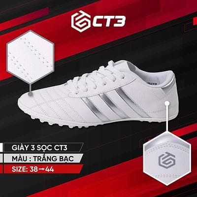 Giày Bóng Đá 3 Sọc CT3 - Trắng 3 Sọc Bạc