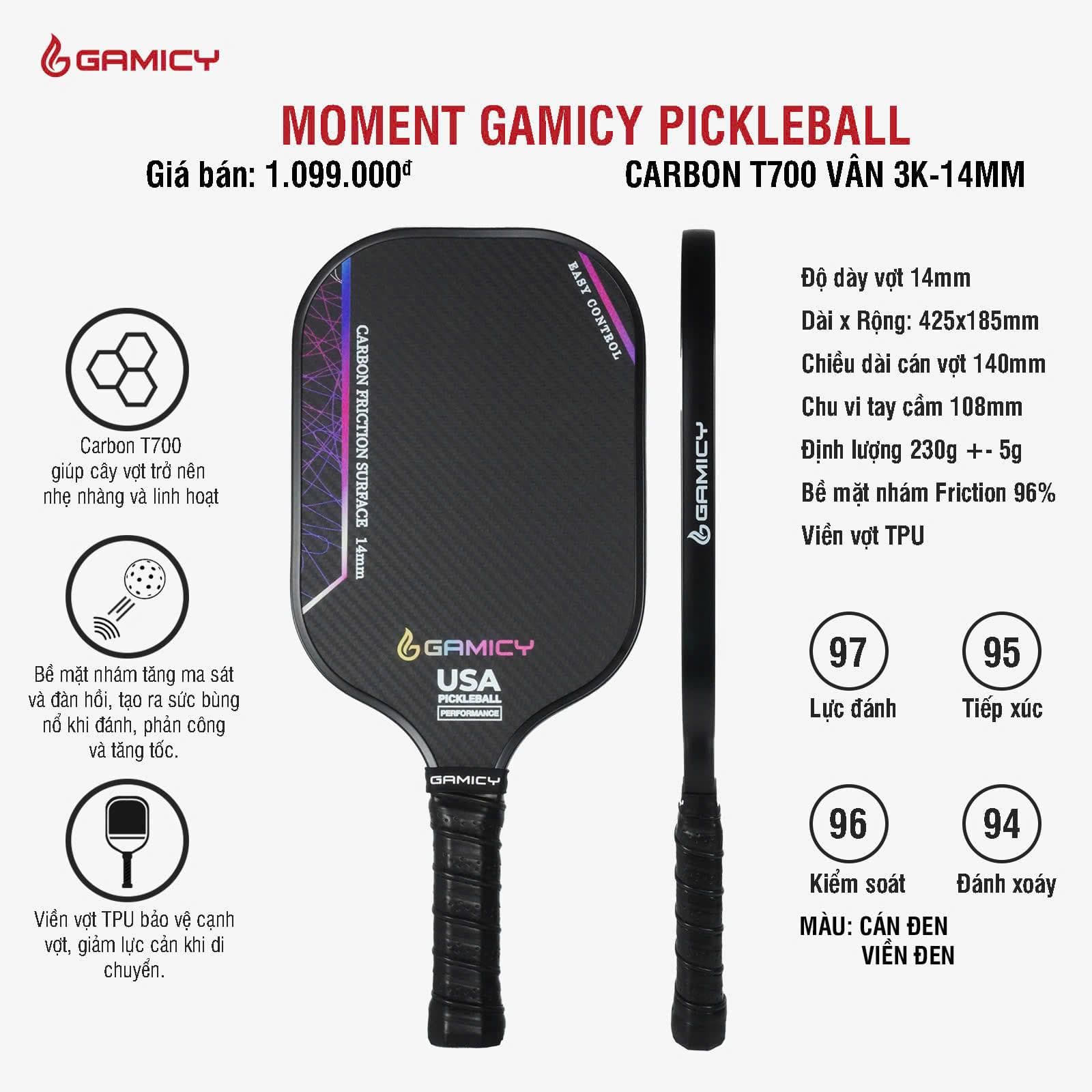 Vợt Pickleball Gamicy Moment T700 14mm - Màu Đen