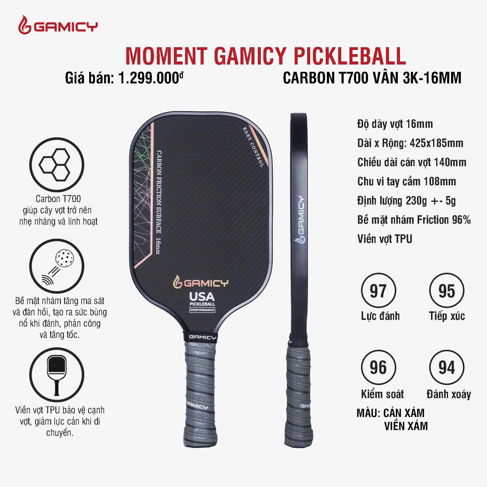 Vợt Pickleball Gamicy Moment T700 16mm - Màu Xám