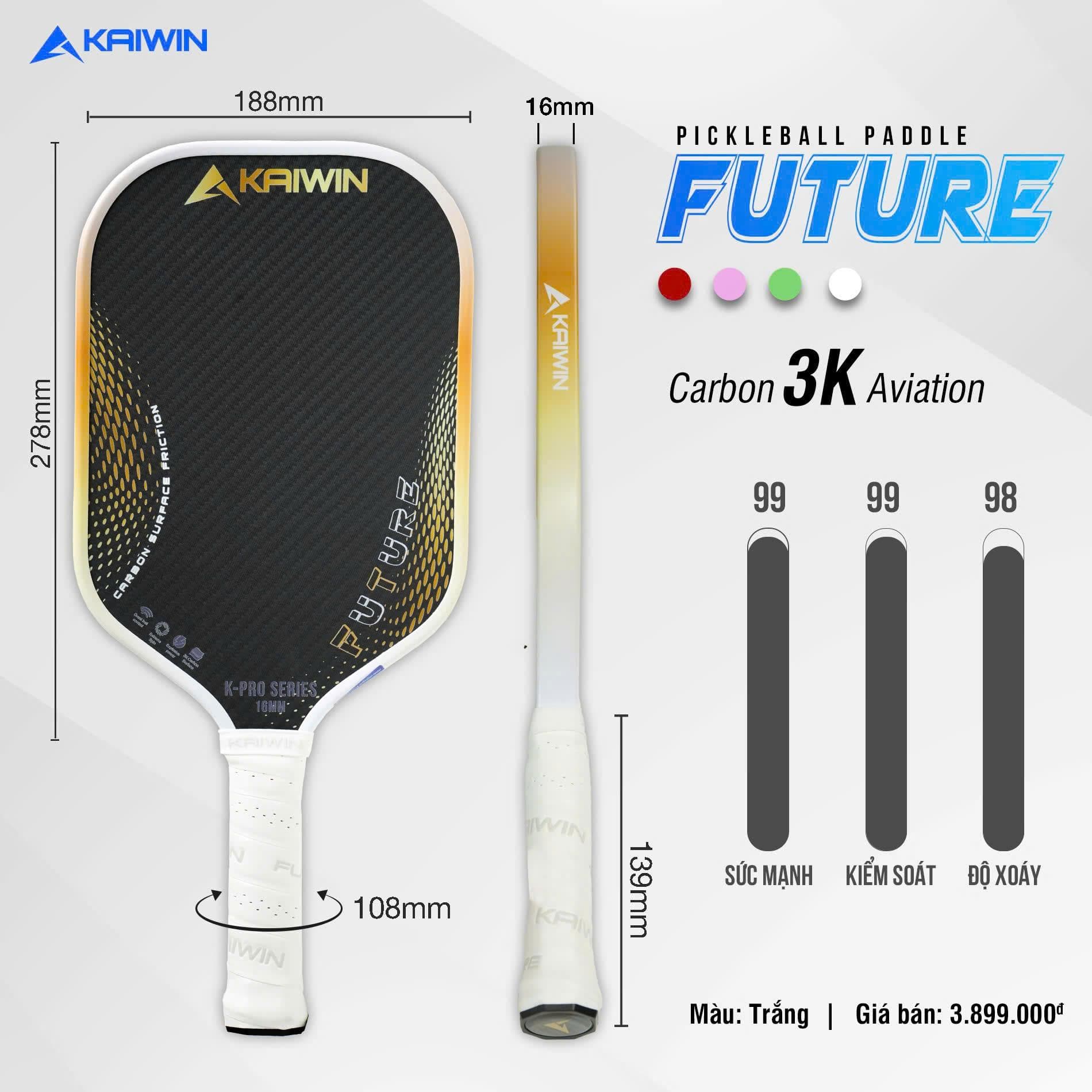 Vợt Pickleball Kaiwin Future 3K 16mm - Trắng
